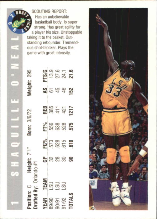 1992 Classic #1 Shaquille O'Neal back image