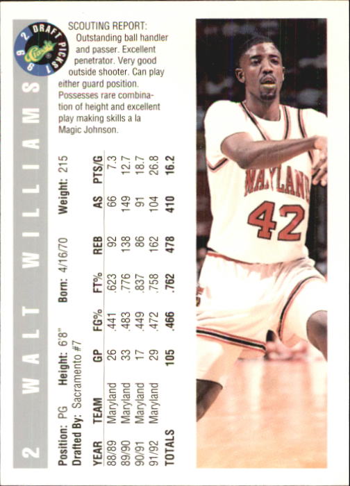 1992 Classic #2 Walt Williams back image