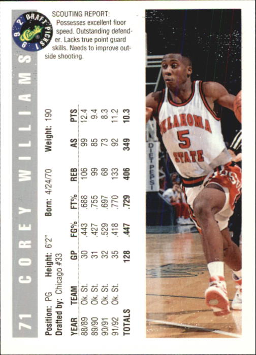 1992 Classic #71 Corey Williams back image