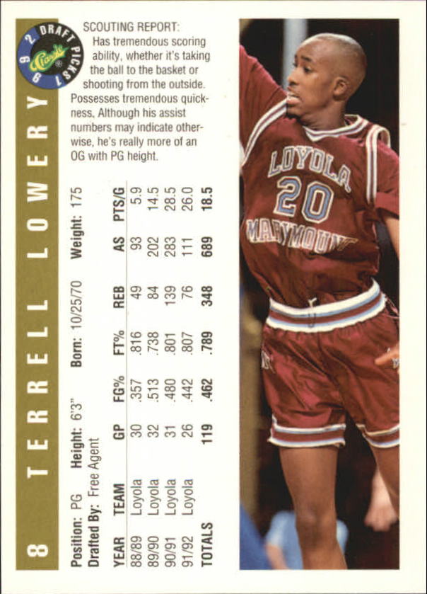 1992 Classic Gold #8 Terrell Lowery back image
