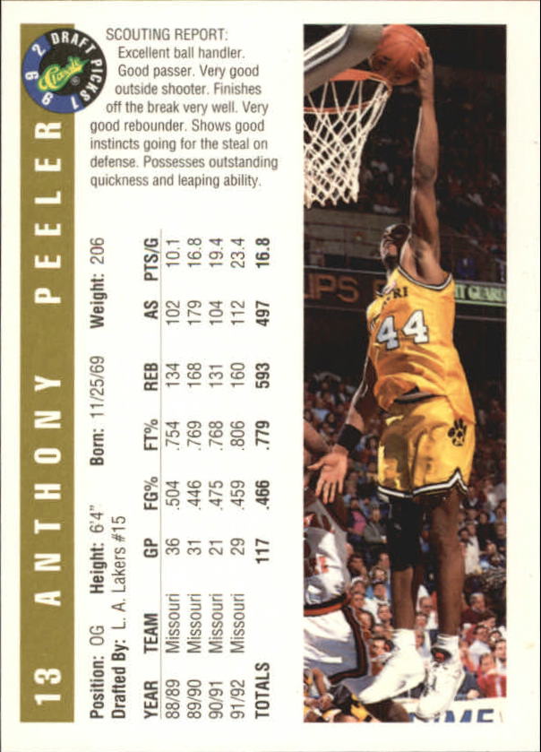1992 Classic Gold #13 Anthony Peeler back image
