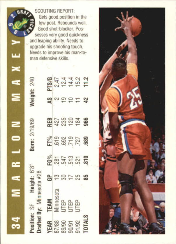 1992 Classic Gold #34 Marlon Maxey back image