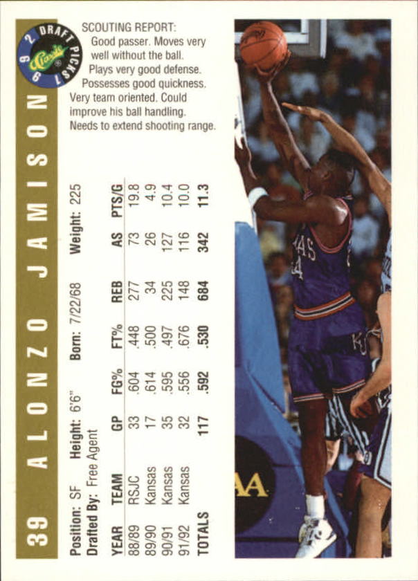 1992 Classic Gold #39 Alonzo Jamison back image