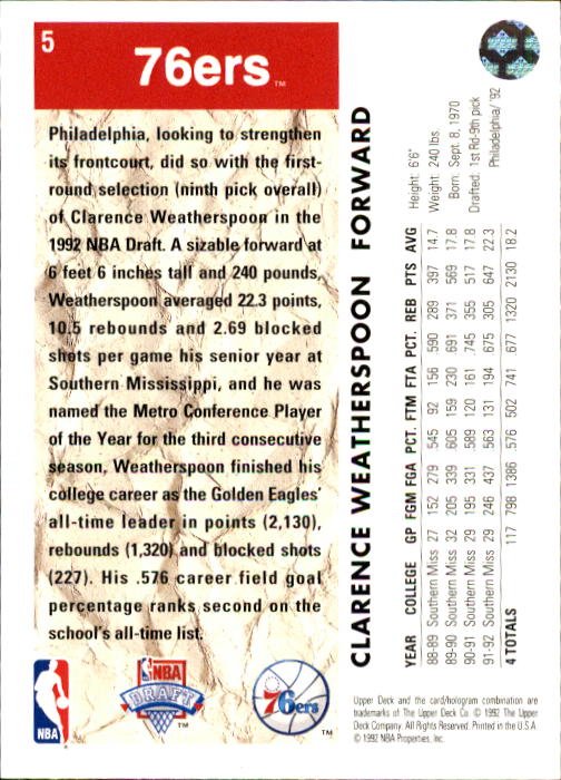 1992-93 Upper Deck #5 Clarence Weatherspoon RC back image