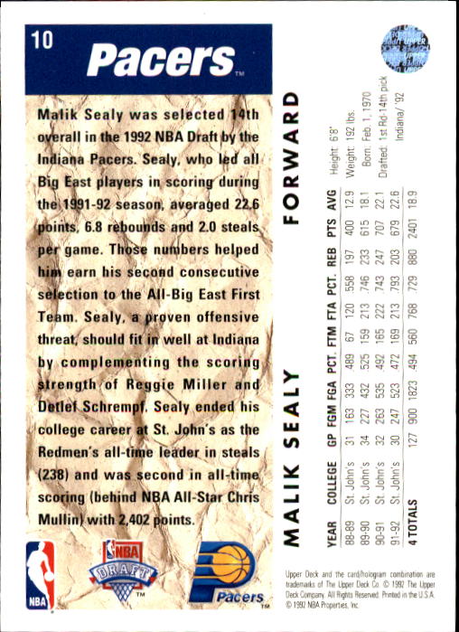 1992-93 Upper Deck #10 Malik Sealy RC back image