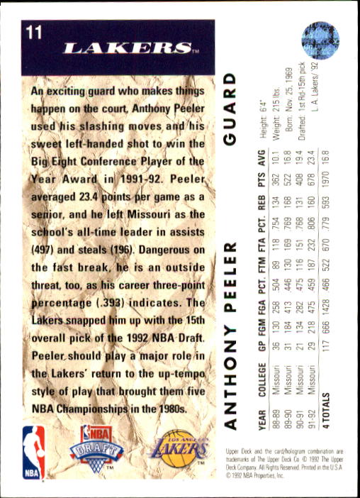 1992-93 Upper Deck #11 Anthony Peeler RC back image
