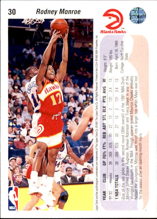 1992-93 Upper Deck #30 Rodney Monroe back image