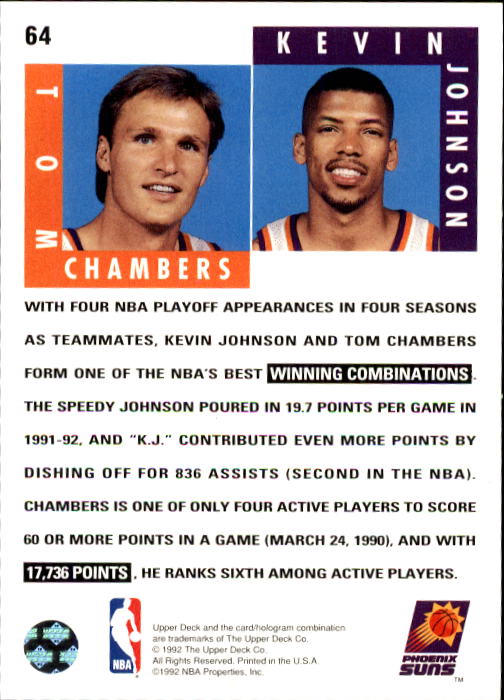 1992-93 Upper Deck #64 Tom Chambers ST/Kevin Johnson back image