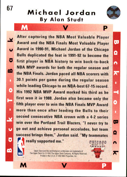 1992-93 Upper Deck #67 Michael Jordan MVP back image
