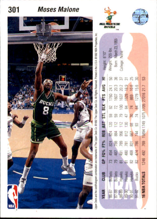 1992-93 Upper Deck #301 Moses Malone back image