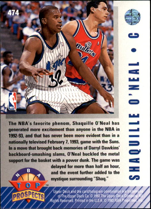 1992-93 Upper Deck #474 Shaquille O'Neal TP back image