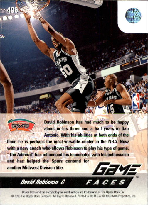 1992-93 Upper Deck #496 David Robinson GF back image