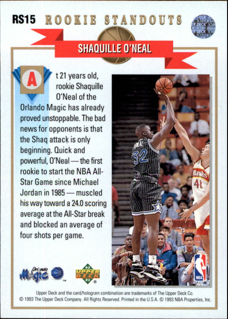 1992-93 Upper Deck Rookie Standouts #RS15 Shaquille O'Neal back image