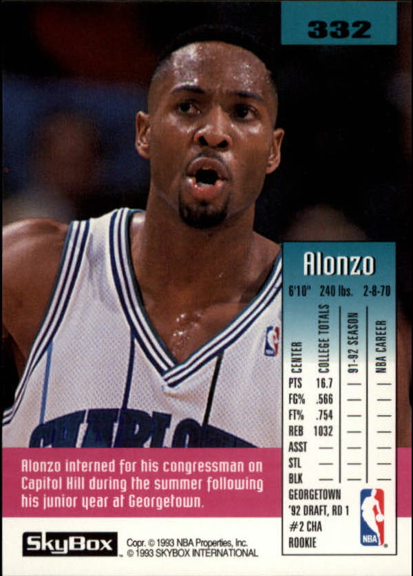 1992-93 SkyBox #332 Alonzo Mourning SP RC back image