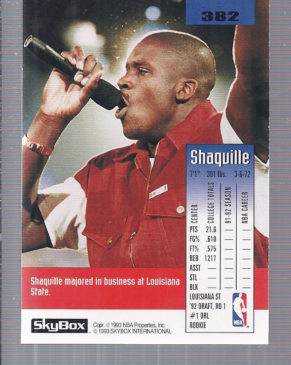 1992-93 SkyBox #382 Shaquille O'Neal SP RC back image