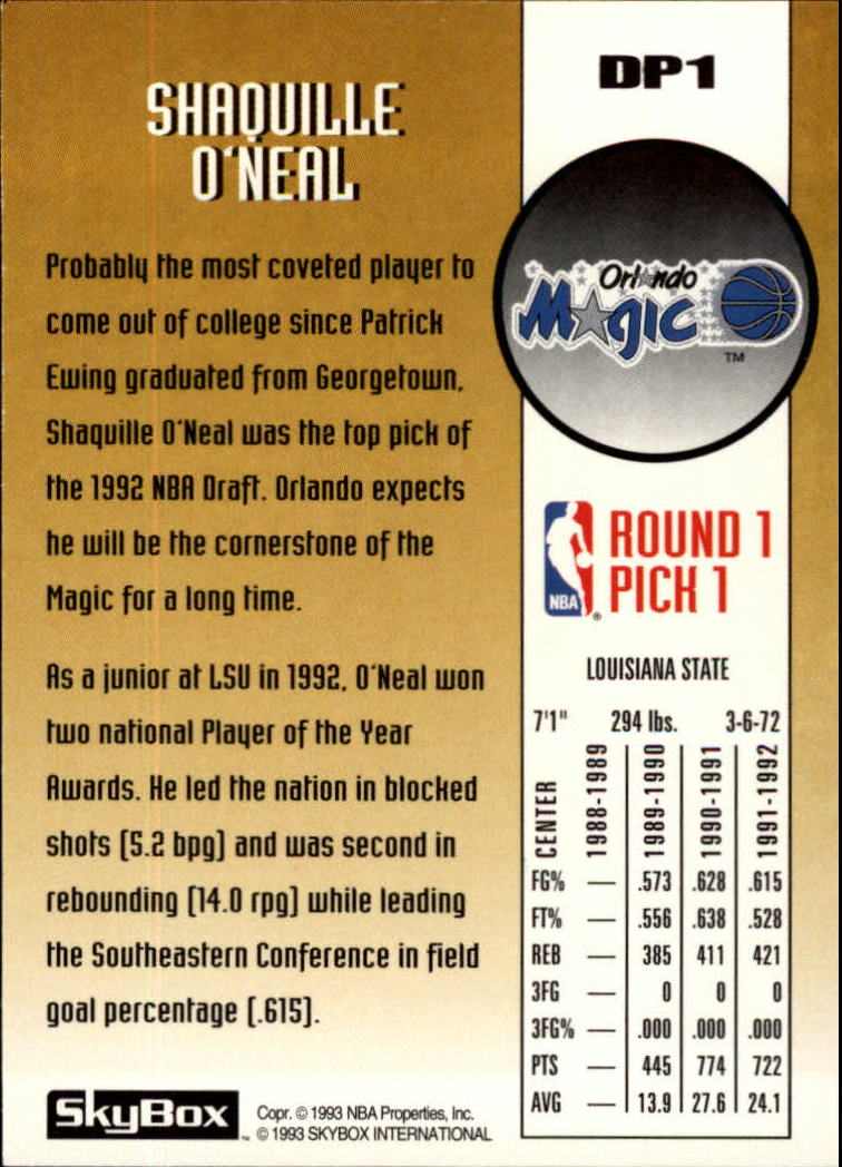 1992-93 SkyBox Draft Picks #DP1 Shaquille O'Neal back image
