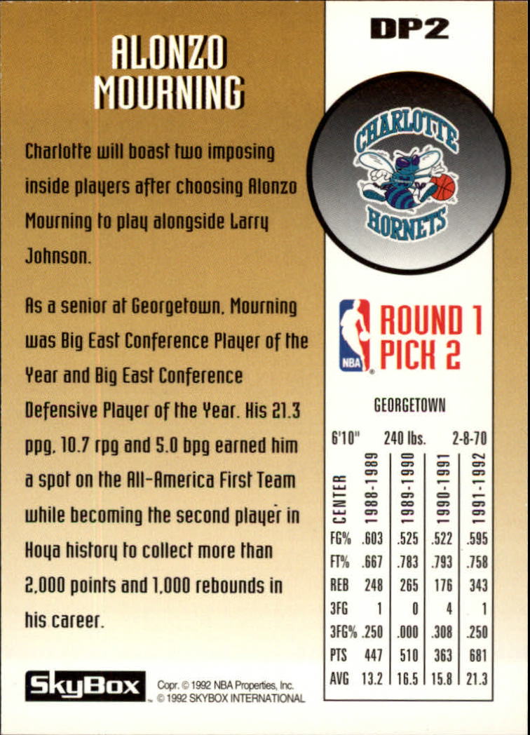 1992 Skybox NBA Draft ALONZO MOURNING #DP2 RC Charlotte Hornets *NV12A