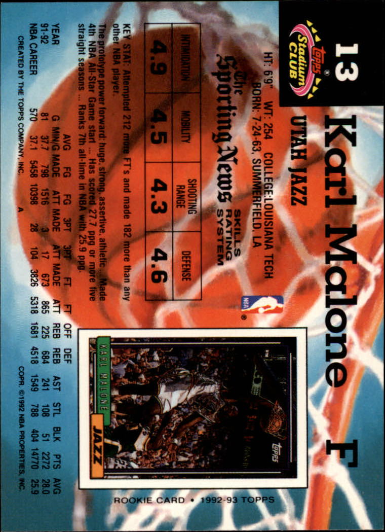 1992-93 Stadium Club #13 Karl Malone back image
