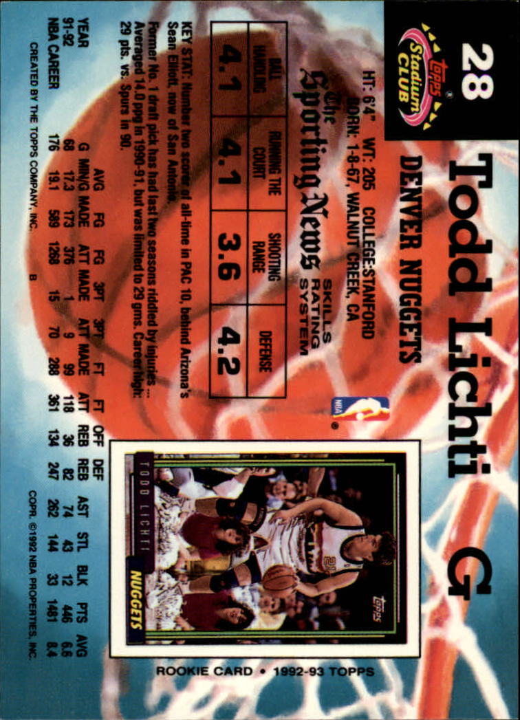 1992-93 Stadium Club #28 Todd Lichti back image