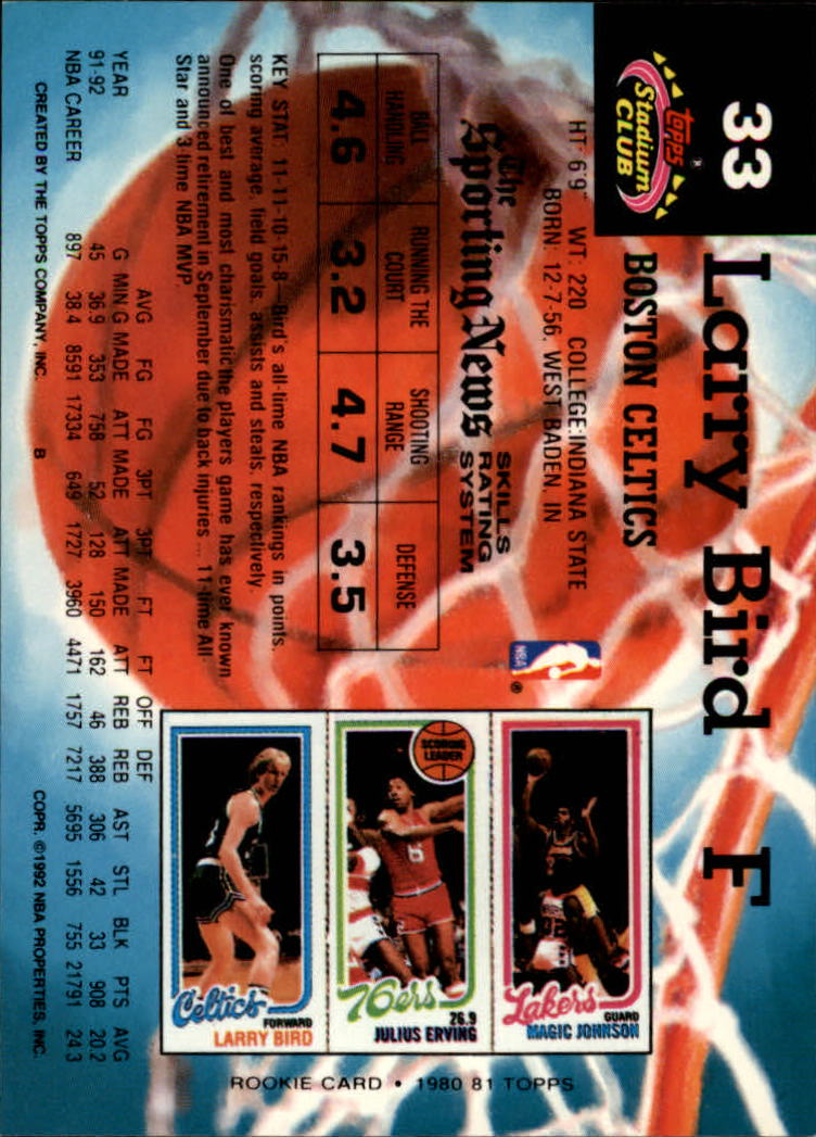 1992-93 Stadium Club #33 Larry Bird back image