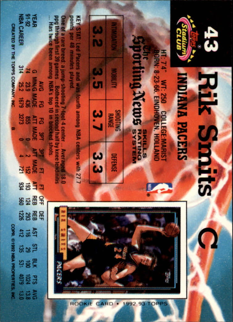 1992-93 Stadium Club #43 Rik Smits back image