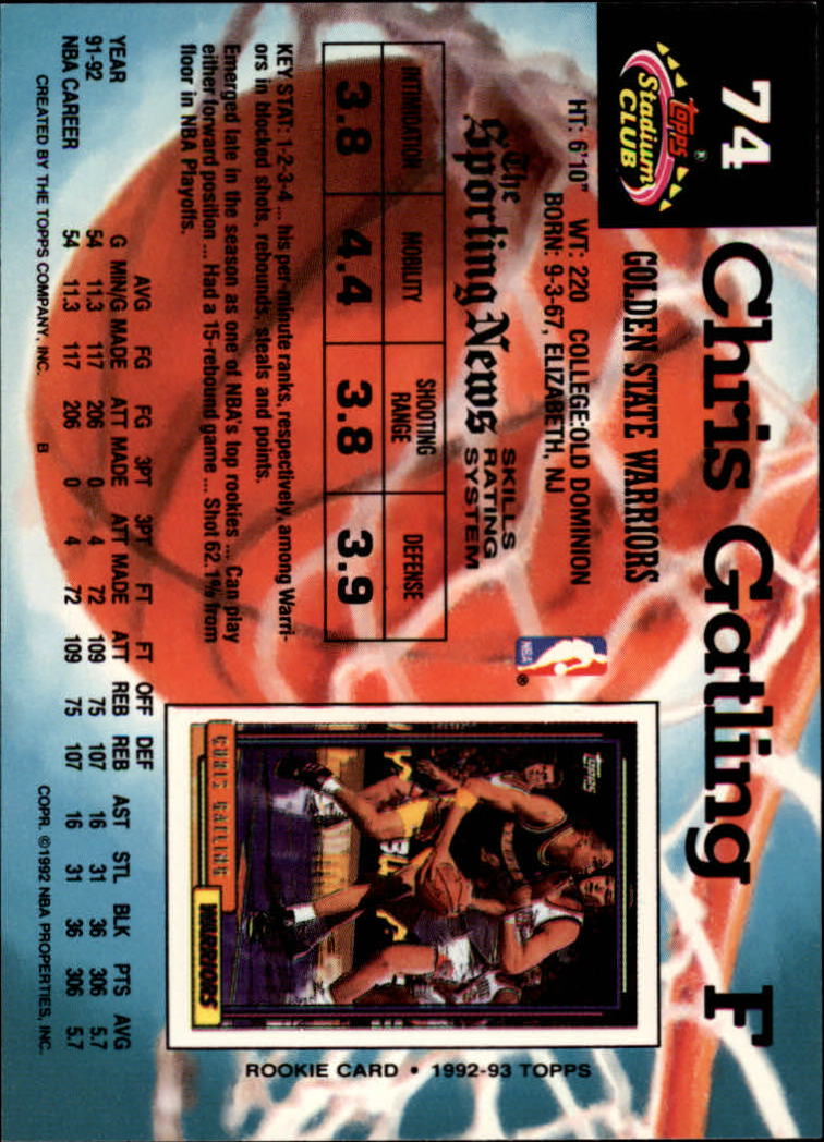 1992-93 Stadium Club #74 Chris Gatling back image