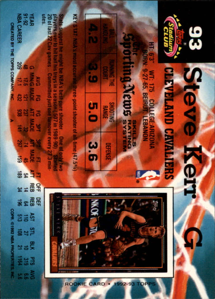 1992-93 Stadium Club #93 Steve Kerr back image
