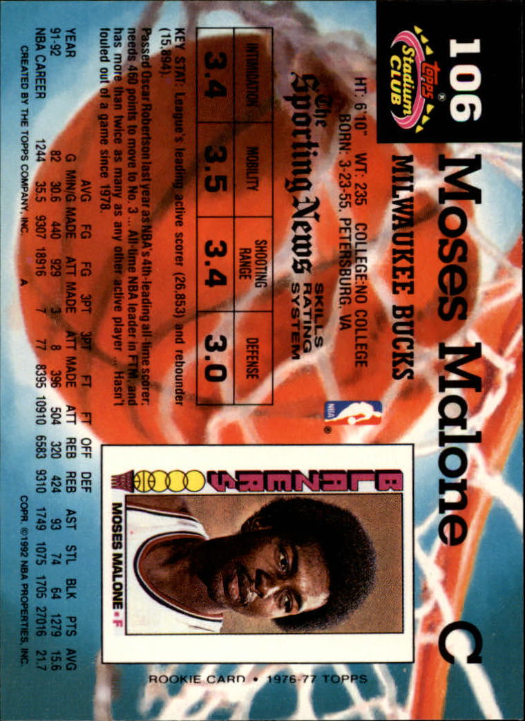 1992-93 Stadium Club #106 Moses Malone UER/(Rookie Card is 1975-76, not 1976-77) back image