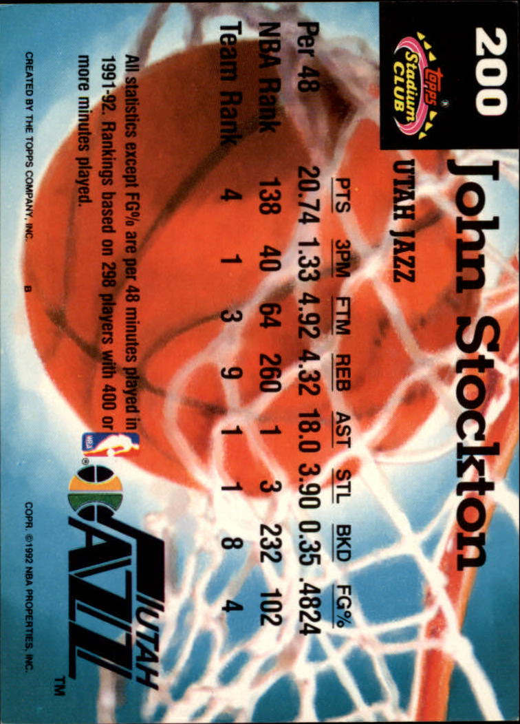 1992-93 Stadium Club #200 John Stockton MC back image