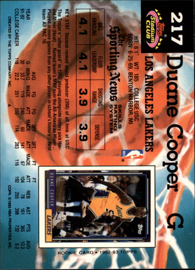 1992-93 Stadium Club #217 Duane Cooper RC back image