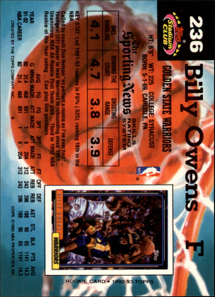 1992-93 Stadium Club #236 Billy Owens back image