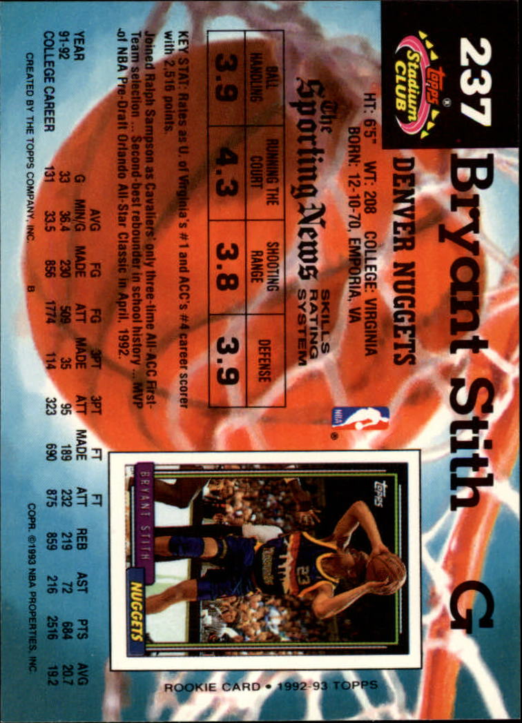 1992-93 Stadium Club #237 Bryant Stith UER RC/(Missing '92 Draft Pick logo) back image