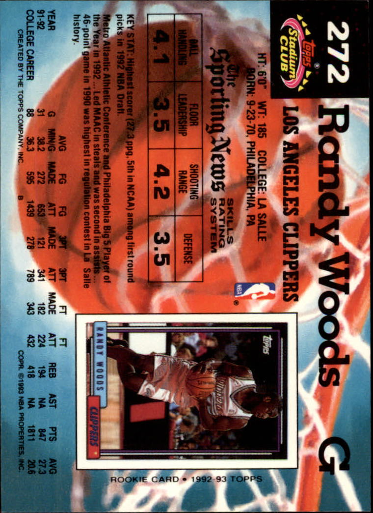 1992-93 Stadium Club #272 Randy Woods UER RC/(Missing '92 Draft Pick logo) back image
