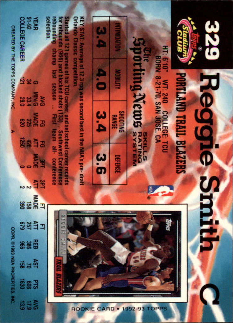 1992-93 Stadium Club #329 Reggie Smith RC back image