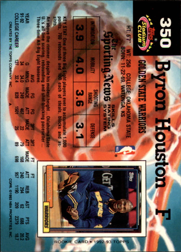 1992-93 Stadium Club #350 Byron Houston RC back image