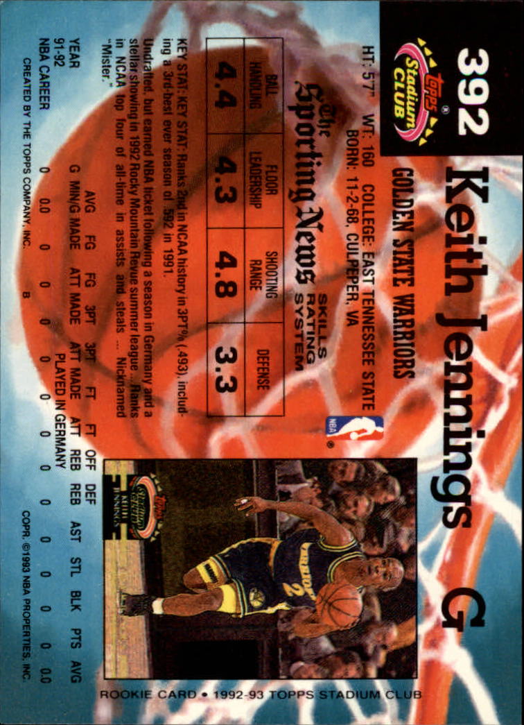 1992-93 Stadium Club #392 Keith Jennings RC back image