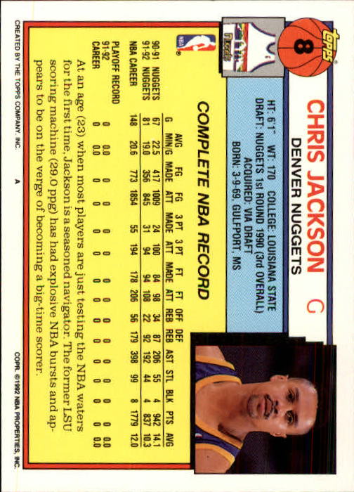 1992-93 Topps #8 Chris Jackson back image