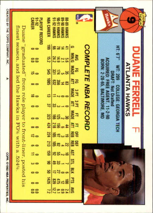 1992-93 Topps #9 Duane Ferrell back image