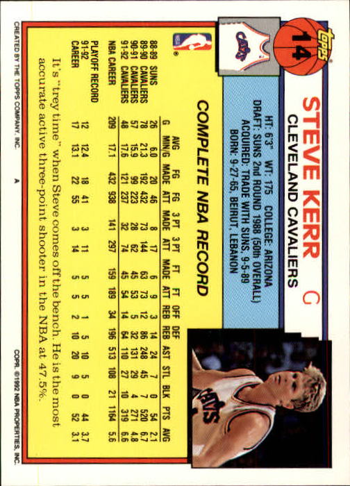 1992-93 Topps #14 Steve Kerr back image