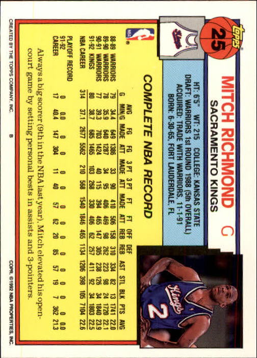 1992-93 Topps #25 Mitch Richmond back image