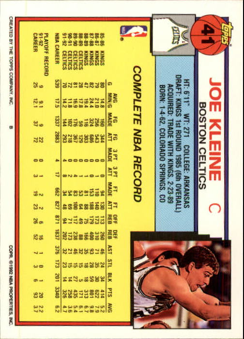 1992-93 Topps #41 Joe Kleine back image