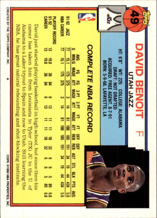 1992-93 Topps #49 David Benoit back image