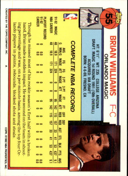 1992-93 Topps #55 Brian Williams back image