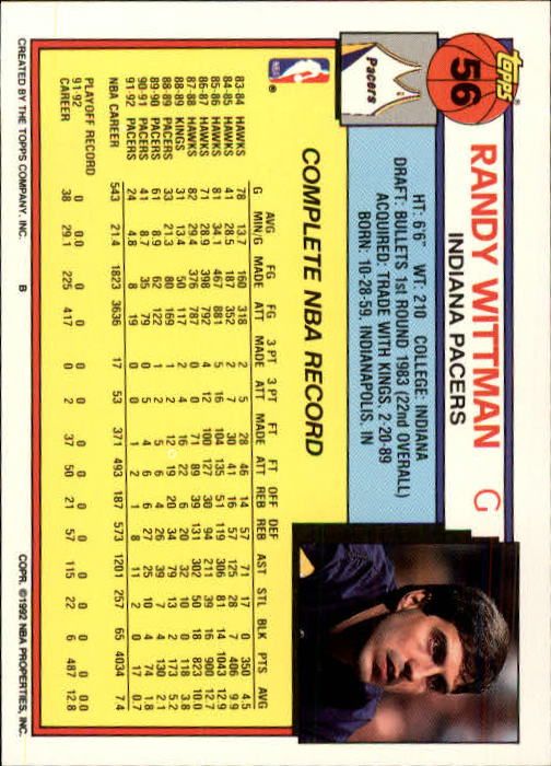 1992-93 Topps #56 Randy Wittman back image