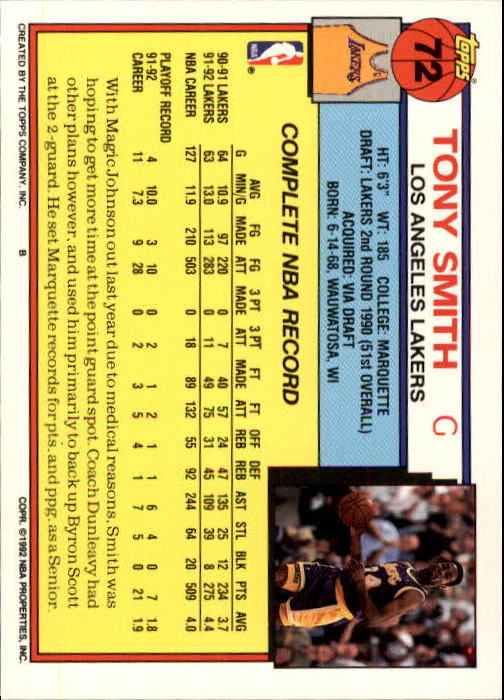 1992-93 Topps #72 Tony Smith back image