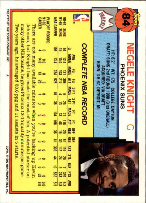 1992-93 Topps #84 Negele Knight back image