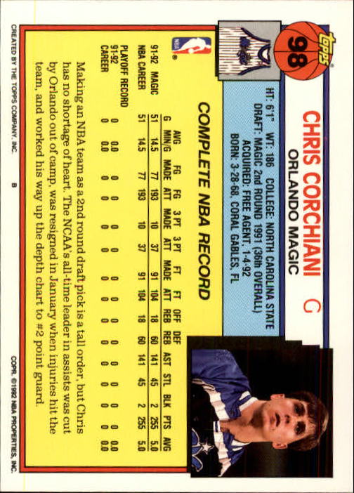 1992-93 Topps #98 Chris Corchiani back image