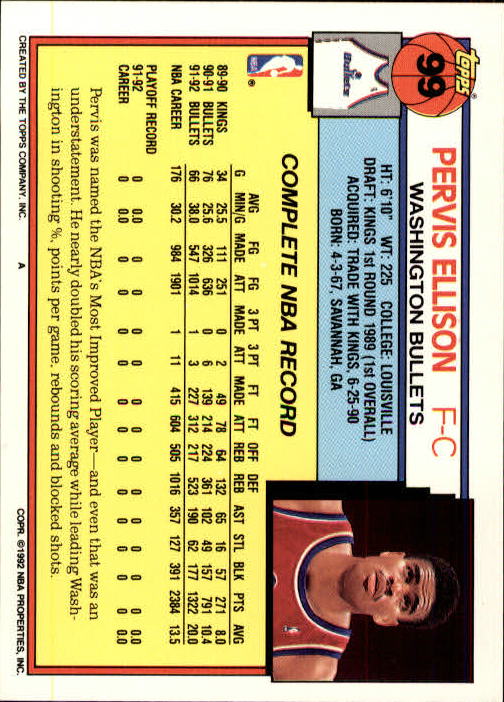 1992-93 Topps #99 Pervis Ellison back image