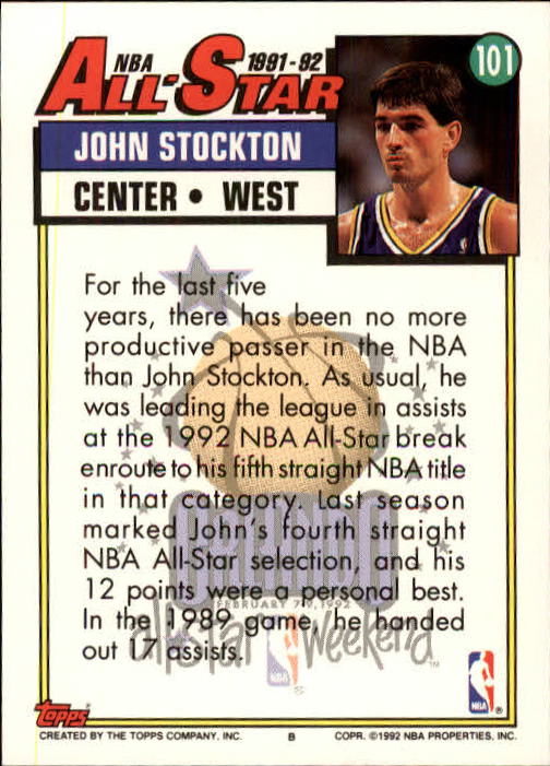 1992-93 Topps #101 John Stockton AS UER/(Listed as Center on card back) back image