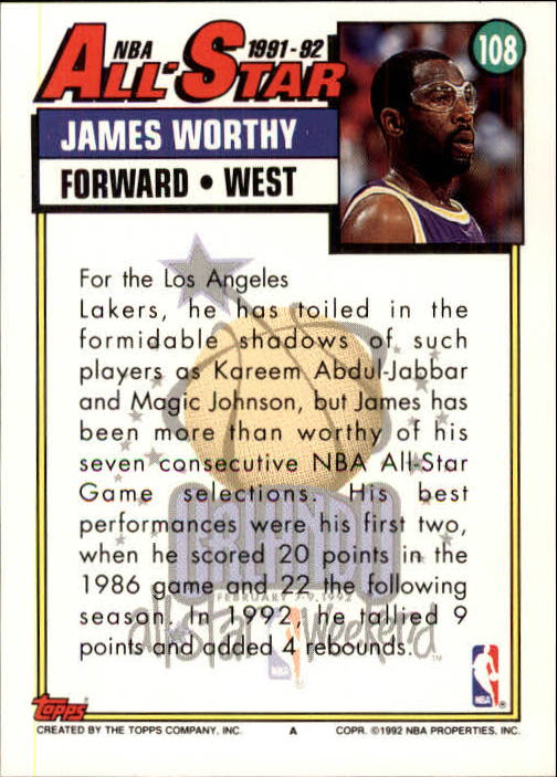 1992-93 Topps #108 James Worthy AS back image